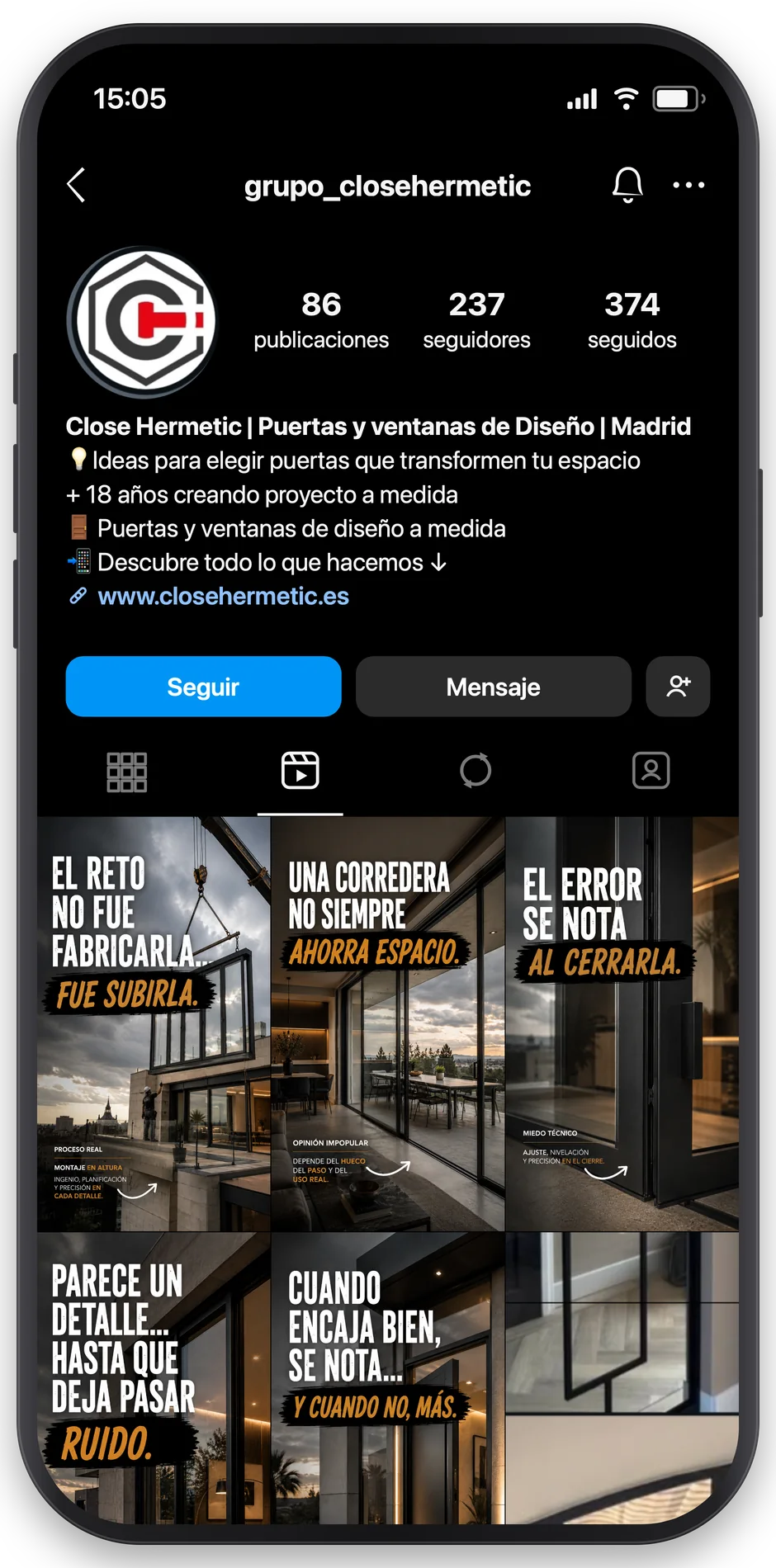 Propuesta visual del perfil de Instagram de Close Hermetic